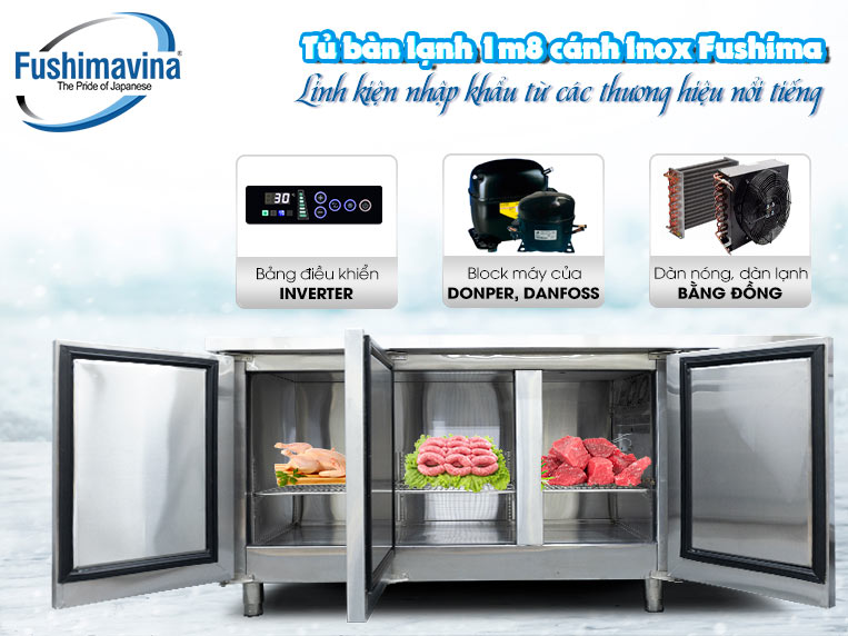 bàn đông lạnh 1m8 có thiết kế nằm ngang với 3 cánh mở tiện lợi